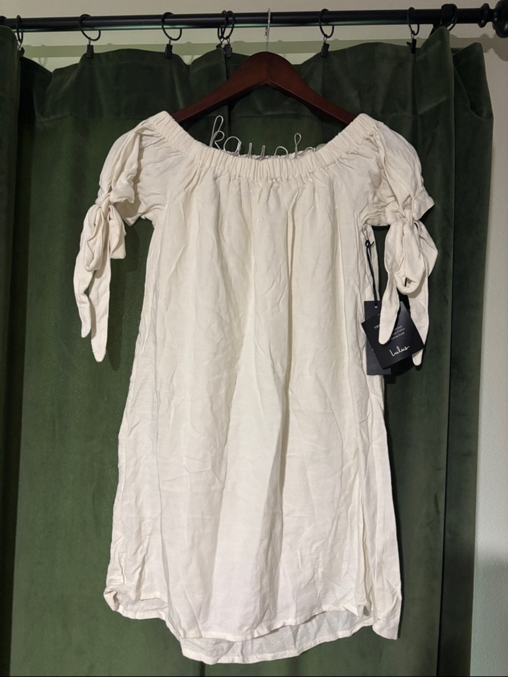 Lulus Off-Shoulder off white Linen Dress with Tie Sleeves